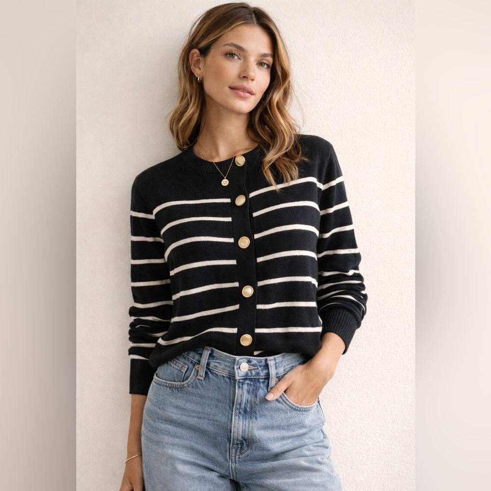 A New Day Black White Striped Cardigan Gold Button Preppy Coastal Sweater M NWT